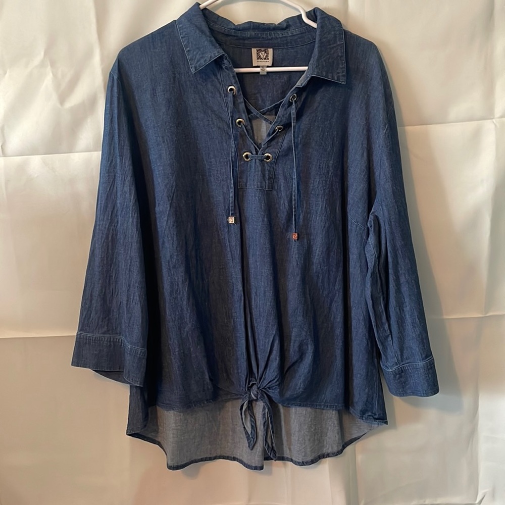 Anne Klein Indigo Blue Lace-Up Tie Front Blouse